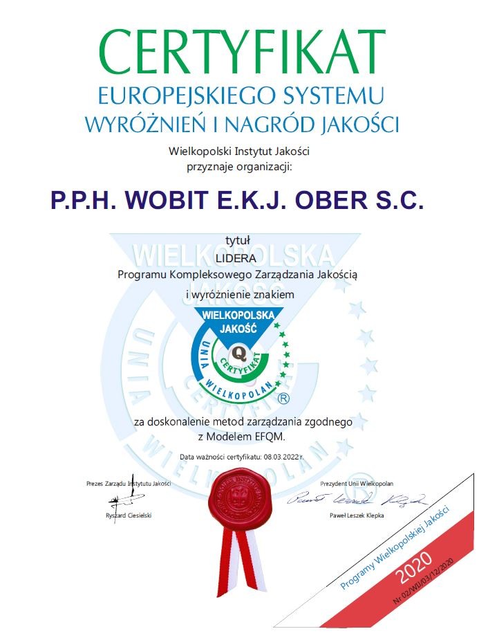 Certyfikat Lidera Programu Kompleksowego Zarządzania Jakością i wyróżnienie znakiem Wielkopolska Jakość