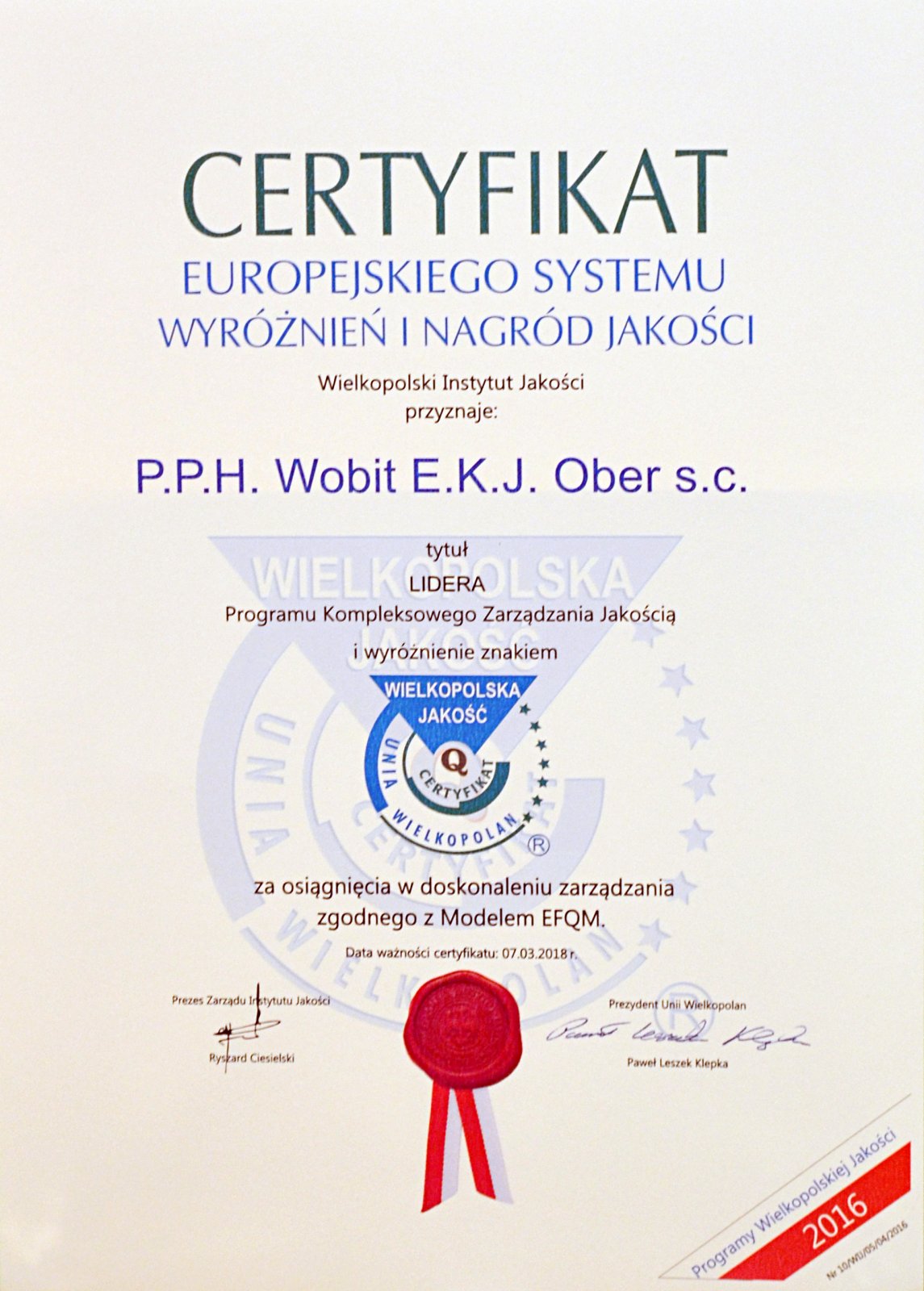 Certyfikat Jakości 2016