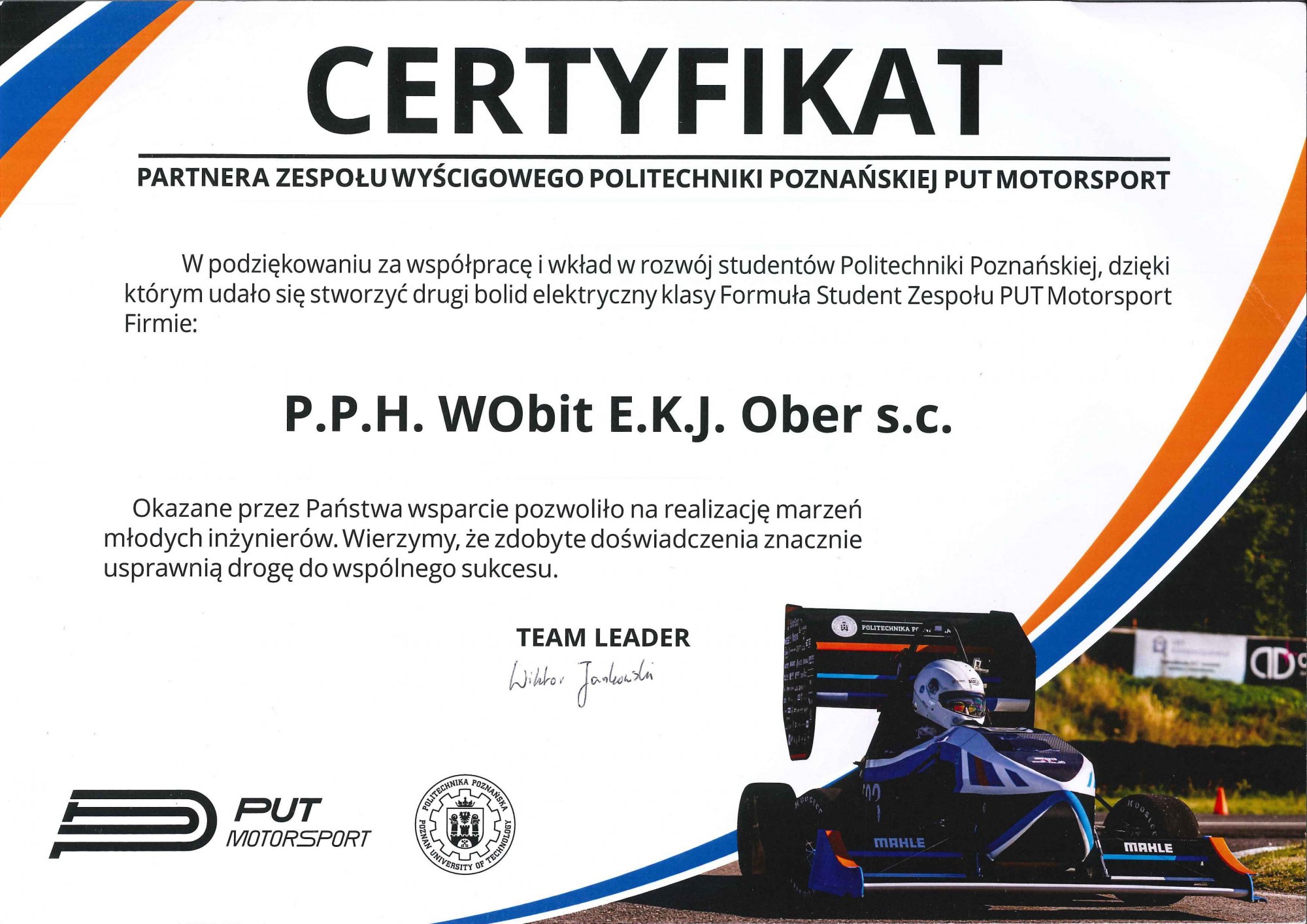 Certyfikat Partnera Zespołu Wyścigowego Politechniki Poznańskiej PUT Motorsport